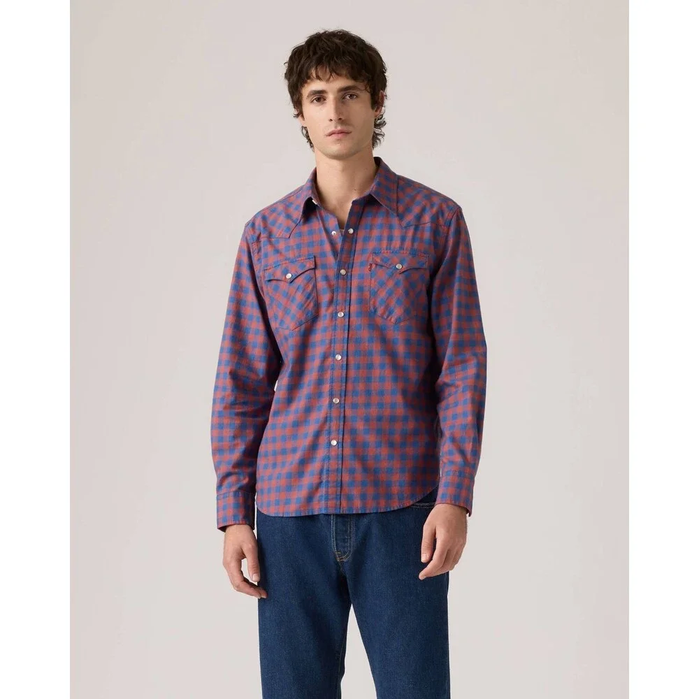 Levi's Classic Western Shirt Men's Large Blue Plaid Twill Button Up JAX1814